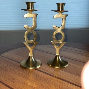 Vintage Solid Brass JOY Candlestick Holder Candle Christmas India Gold Holiday
